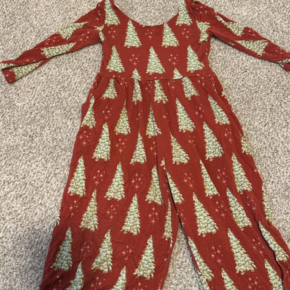 Festive Red Jumpsuit with Tree Pattern